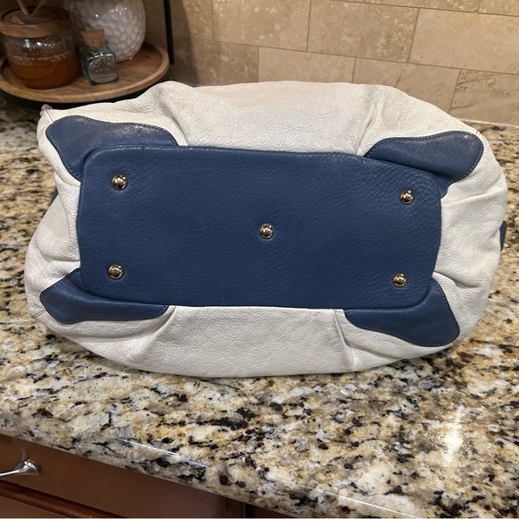 MCM Munich Leather Satchel Top Handle Bag Cream Blue Gold Hardware - Picture 7 of 13